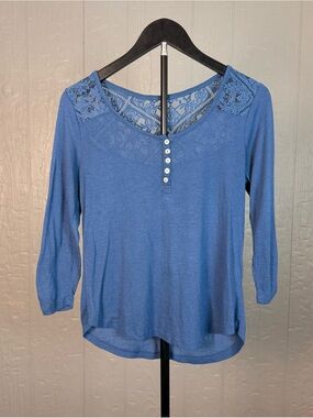 Neon Soul Blue Sheer Lace Yoke Henley 3/4 Sleeve Boho Cottagecore Knit Top Small